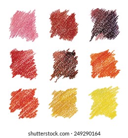 Set of colored spots in warm tones. Drawn with colored pencils.