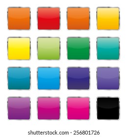 Set of colored square buttons with metal stroke, vector illustration.