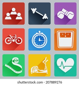 Set of colored square icons on fitness. Fashionable flat design with long shadows. Vector illustration.