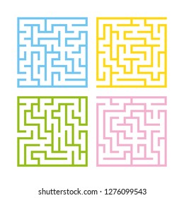 Set of colored square mazes. Game for kids. Puzzle for children. One entrances, one exit. Labyrinth conundrum. Flat vector illustration isolated on white background