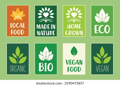 Set of colored square organic, vegan, bio, and local food Labels templates. Good for eco-friendly, natural, eco, bio, healthy sticker, label, badge and logo