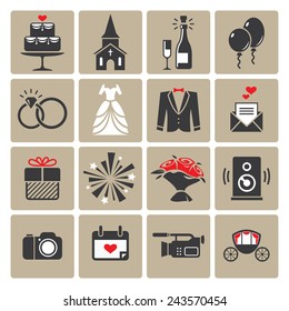 Set of colored square wedding icons in black, white and red colors