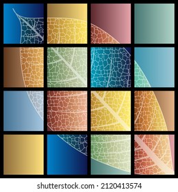 Set of colored squares forming a single artistic image with a leaf inlay with its visible veins. 