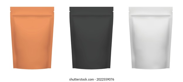 Set Of Colored  Stand Up Pouch Bags. Packaging Mockup With Zipper. 