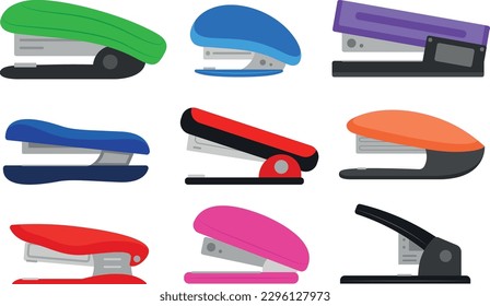 Set of colored staplers in cartoon style. Vector illustration of a nice variety of staplers: red, blue, purple, green, pink, orange, gray isolated on white background. School supplies. Office tools.