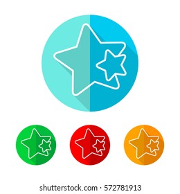 Set of colored star icons. White star with long shadow. Vector illustration. Star icon on a the round button.