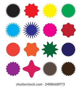 Set of colored starburst. sale or discount sticker, sunburst badges icon. Stars shape with different number of rays. Vector illustration.
