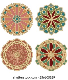 A set of colored stars in design of art deco stained glass in golden material