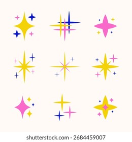 Set of colored stars of different shapes. Sparkling stars icon collection. Vector minimalistic flat illustration.