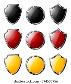 Set of colored steel triangle shields and round shields isolated on white background. Collection of red, yellow and black steel shields .Vector illustration.