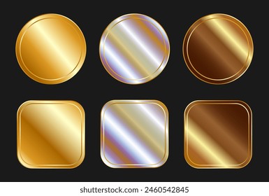 A set of colored sticker templates for a medal, badge. Label with metallic holographic effect of gold, bronze, silver. Round and square shiny rainbow emblems in different shapes. Vector EPS10