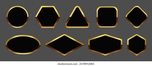 A set of colored sticker templates for a medal, badge. Label with metallic holographic effect of gold, bronze, silver. Round and square shiny rainbow emblems in different shapes. EPS10 Vector EPS10