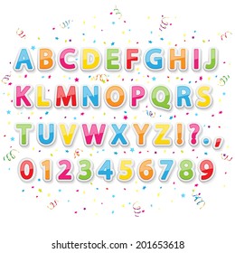 Set of colored stickers alphabet letters on holiday background, illustration.