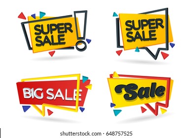 Set of colored stickers and banners. Geometric shapes in 3d style. Set of beautiful discount and promotion banners. Advertising element. Sale banner tag.  Vector illustration.