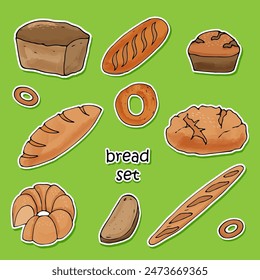 a set of colored stickers of bread and buns on a green background, drawn in a cartoon style.