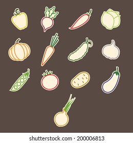 set of colored stickers contours vegetables in a flat style on a dark background