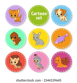 Set of colored stickers with cute characters. Isolated vector illustration.