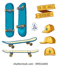 Set of colored stickers and labels with skateboards and caps. For labels, logos, icons. Attributes of skateboarding. Skate set with caps. Skateboard style. Vector.