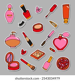 set of colored stickers of makeup products in cartoon style.