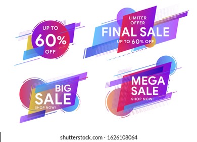 Set of colored stickers and sale banners.  Discount up to 60% off.  Trendy minimal design as template for cover, presentation, banner. Geometric colorful abstract shapes set for banner web, app.