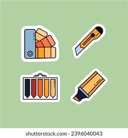 A set of colored stickers with writing instruments and paper. Perfect for creating colorful, personalized stationery, scrapbooking, or adding a fun touch to digital designs and presentations.