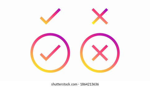 A set of colored sticks symbolizing a positive answer and crosses symbolizing a negative answer. Checkmarks and crosses drawn in flat style. Vector illustration