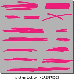 Set of colored strokes markers. Vector highlight brush lines. Hand drawing sketch underlined, stripes. Elements on an isolated transparent background.
