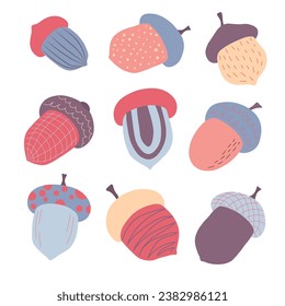 Está decorado con bellotas estilizadas de colores. Aislado sobre fondo blanco. Ilustración del vector