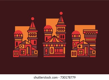 Set of colored stylized medieval castles, palaces, temples. Flat style. Vector illustration. Isolated. On dark background.
