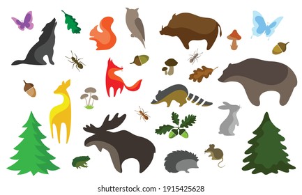 Set of colored stylized silhouettes of forest animals.