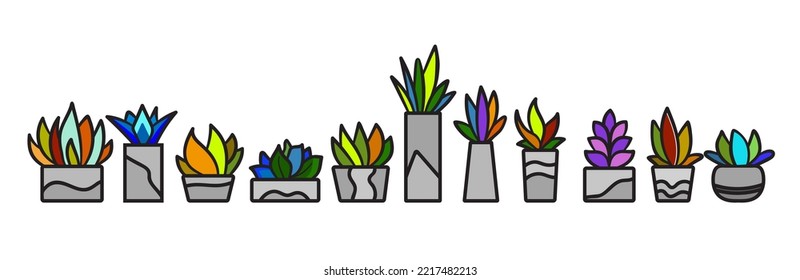 Set of colored stylized succulents in flower pots