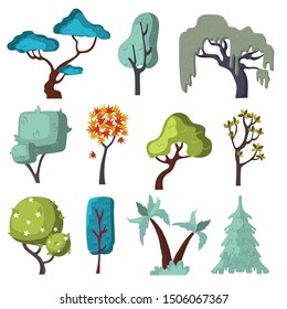 Set of colored stylized trees. Deciduous and coniferous. Vector. Doodle