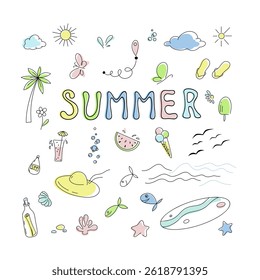 A set of colored summer elements for fun, seaside holidays, vector illustration, flat design, doodle. Hand-drawn lines, isolated beach vacation items for design, decorations. Lettering, text Summer