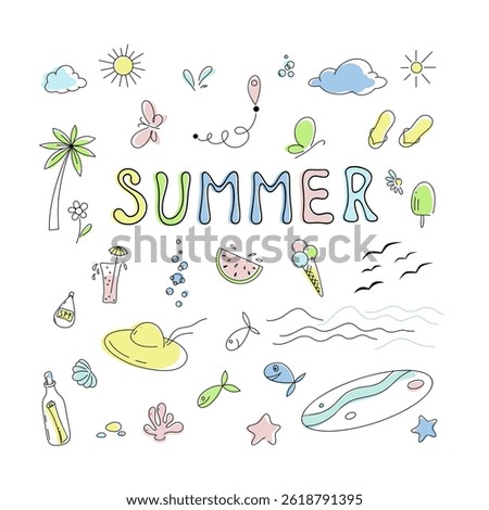 A set of colored summer elements for fun, seaside holidays, vector illustration, flat design, doodle. Hand-drawn lines, isolated beach vacation items for design, decorations. Lettering, text Summer