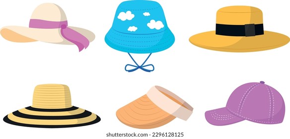 Juego de sombreros de verano coloridos, gorras con un estilo de dibujos animados. Ilustración vectorial de los elegantes sombreros de playa con diferentes diseños: cintas coloreadas, nubes, rayadas aisladas en blanco. Sombreros para niños y niñas.