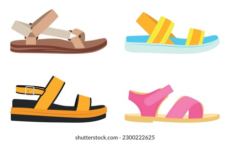 Set of colored summer sandals in cartoon style. Vector illustration of various open summer sandals with straps, low and high platform isolated on white background. Summer shoes.