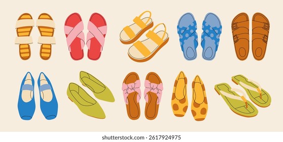 Set of colored summer sandals in cartoon style. Vector illustration of various open summer sandals with straps, low and high platform isolated on white background. Summer cute slippers and sandals