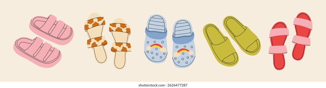 Set of colored summer sandals in cartoon style. Vector illustration of various open summer sandals with straps, low and high platform isolated on white background. Summer cute slippers and sandals