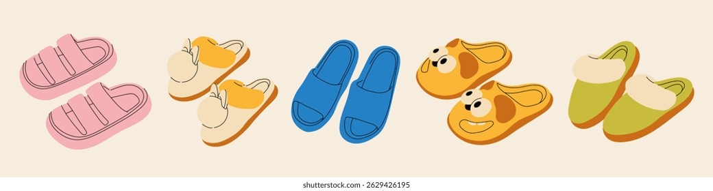 Set of colored summer sandals in cartoon style. Vector illustration of various open summer sandals, low and high platform isolated on white background. Summer shoes. Summer womens and childrens shoes