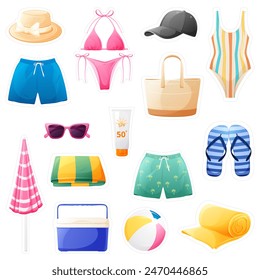 Set of colored summer stickers. Beach accessories and clothes