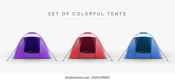 Tiendas de verano de colores con entrada abierta. Casas turísticas plegables para hacer senderismo. Un cómodo refugio para dormir temporalmente fuera. Colección de imágenes 3D