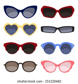 Set of colored sunglasses isolated on white background. Vector illustration