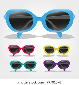 set of colored sunglasses, isolated on gray background, vector illustration