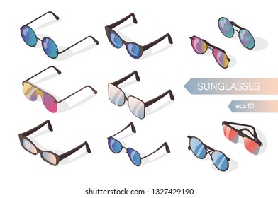 Set of colored sunglasses on a white background. Isometric flat illustration