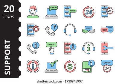 A set of colored support icons. Call center. Linear characters in a vector.
