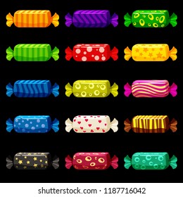 A set of colored sweets in a bright festive package of various bright colors. Sweets, vector, isolated, cartoon style