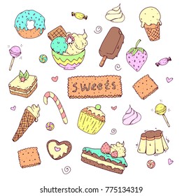 Set of colored sweets and desserts -hand drawn vector doodles