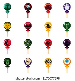 Set of colored sweets, lollipop, hard candy, caramel Halloween feast. Different colors with elements of the holiday Halloween, vampire, skull, pumpkin, witch s hat, eye, bat, skeleton, ghost. Vector