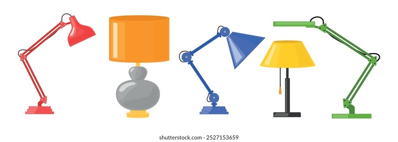 Conjunto de lâmpadas de mesa coloridas, lâmpadas de chão em um estilo cartoon. Ilustração vetorial de belas lâmpadas de mesa, lâmpadas noturnas de diferentes tipos isoladas no fundo branco. Iluminação artificial do quarto.