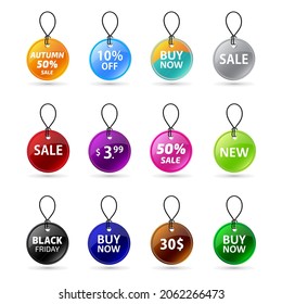 Set of colored tags. Black Friday sale tag,  autumn sale 50 % tag,  new tag, buy now tag. Vector illustration for Promotion, Sale,  Discounts.  